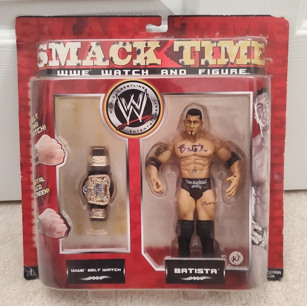 *Autographed* Smack Time Batista WWE Belt Watch & Figure, JAKKS 2006, Signed